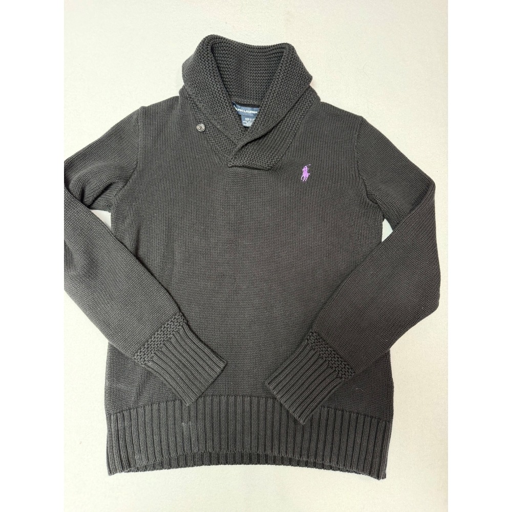 Ralph Lauren Sport Charcoal Grey Shawl Collar Cotton Knit Sweater Purple Pony M